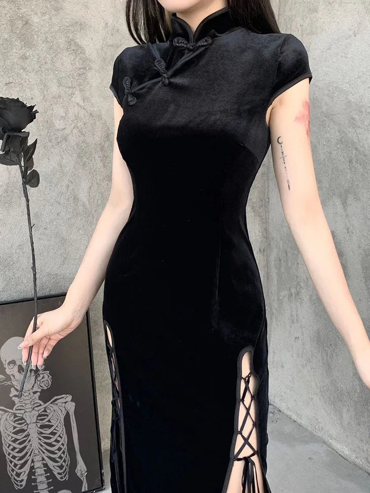 Gothic Velvet Slit Black Midi Dress