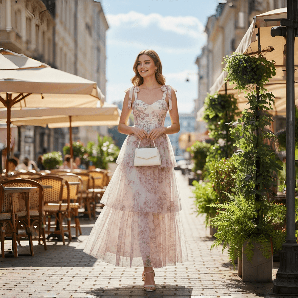 Floral Tulle Sweetheart Tiered Maxi Dress Wedding Guest