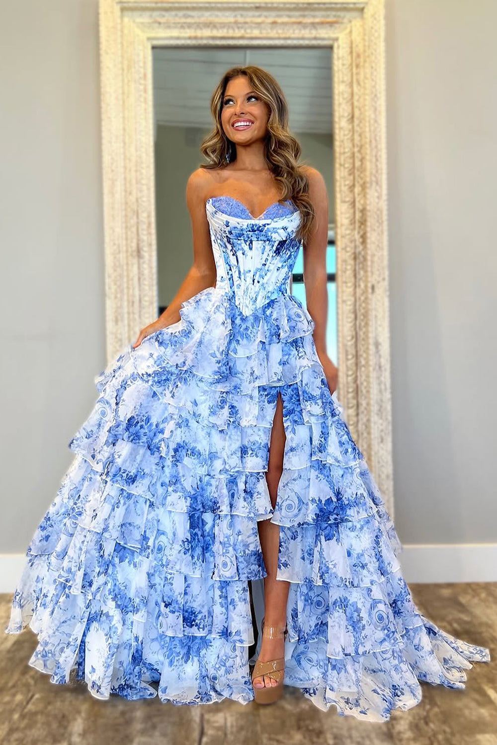 Romantic Pink A-Line Sweetheart Long Print Tulle Prom Dress with Slit