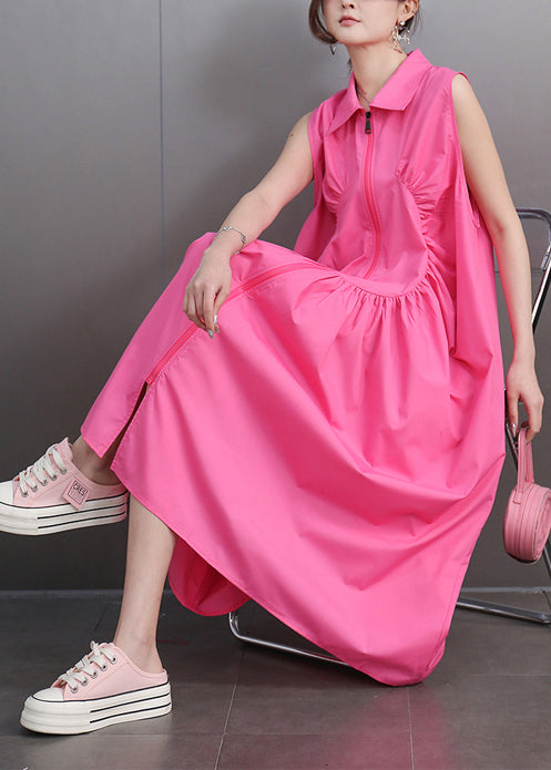 Sleeveless Collar Zip Front Curved Seam Gathered Lantern Midi Dress