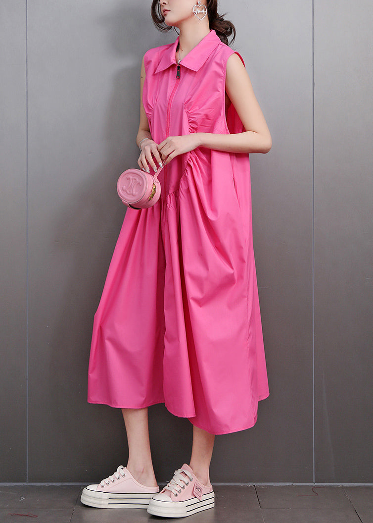 Sleeveless Collar Zip Front Curved Seam Gathered Lantern Midi Dress