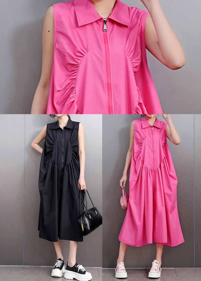 Sleeveless Collar Zip Front Curved Seam Gathered Lantern Midi Dress