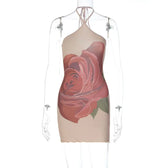 Rose Print Halter Neck Shoulder Short Clubwear Mini Dress