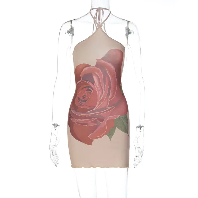 Rose Print Mesh Tie Halter Neck Ruched Lettuce Hem Mini Dress 5