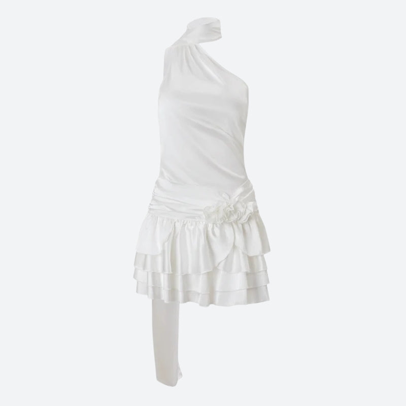Satin Halter Neck Backless Rosette Waist Tiered Ruffle Mini Dress 4