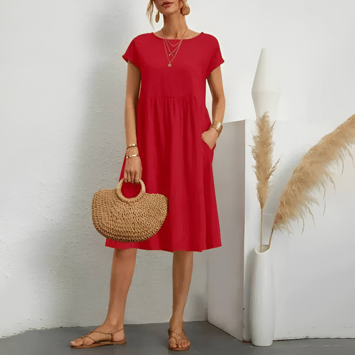 Crew Neck Cap Sleeve Pocket Midi Dress Summer 8