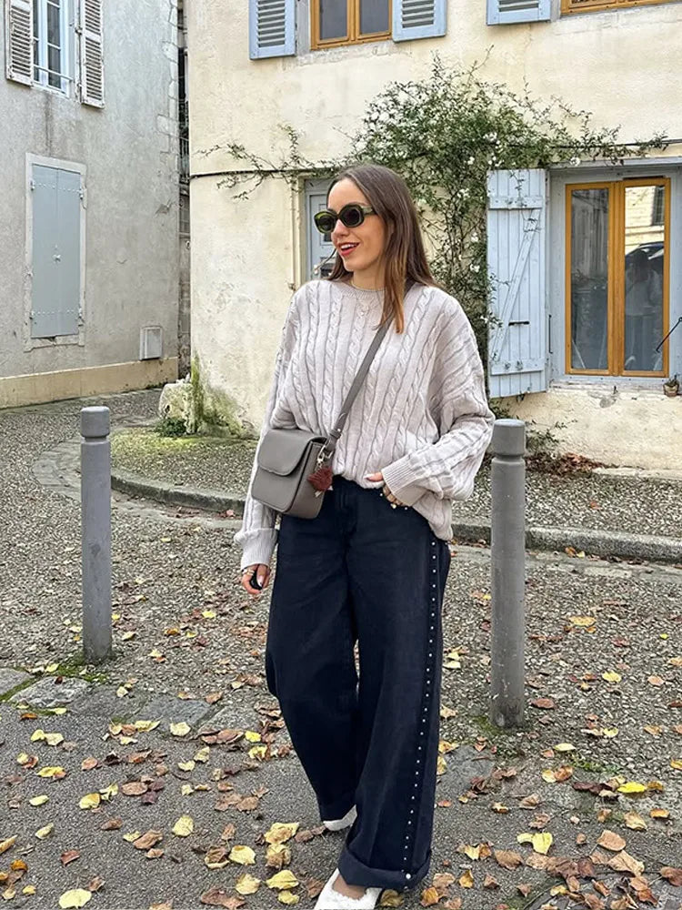 Crew Neck Long Sleeve Cable Knit Relaxed Pullover Sweater 7
