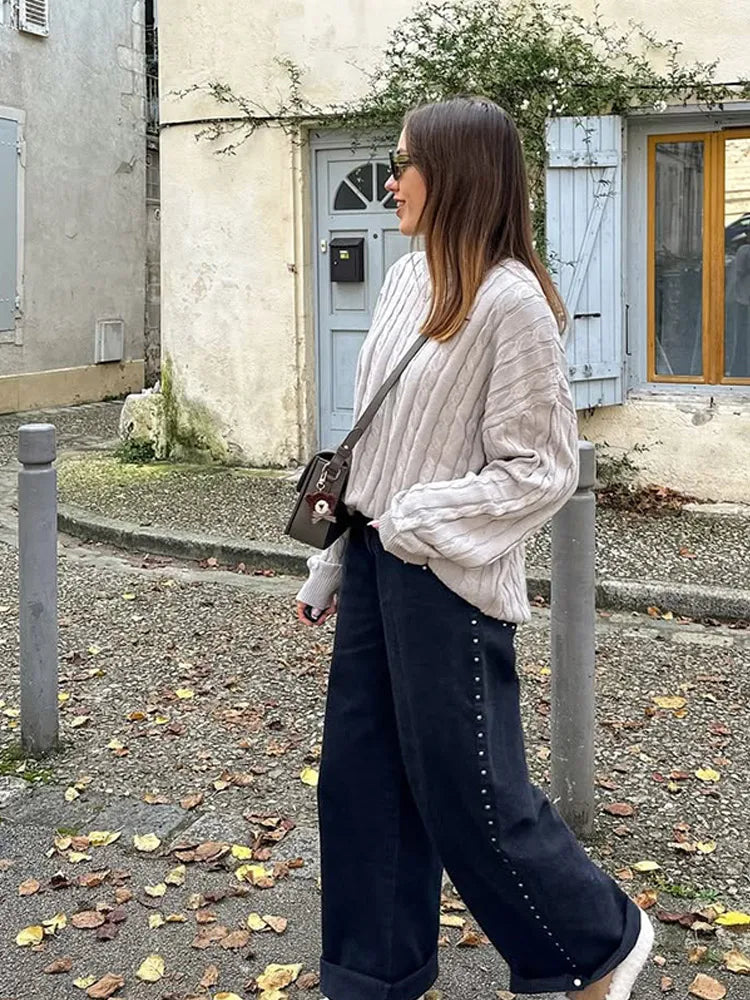 Crew Neck Long Sleeve Cable Knit Relaxed Pullover Sweater 6