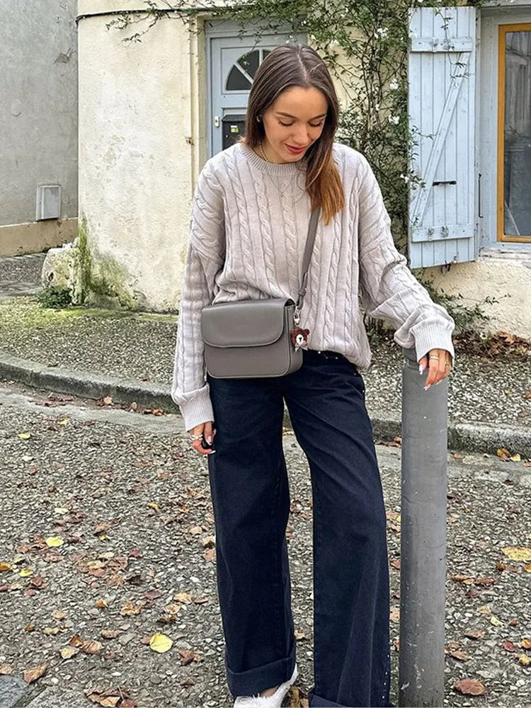 Crew Neck Long Sleeve Cable Knit Relaxed Pullover Sweater 3