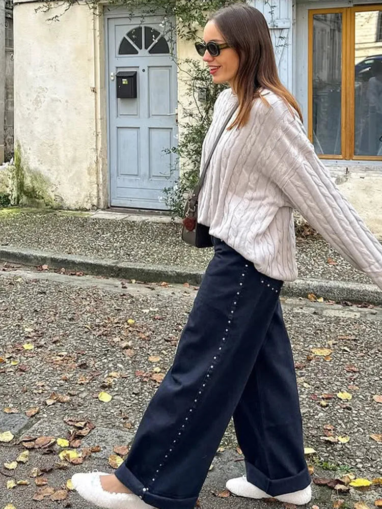 Crew Neck Long Sleeve Cable Knit Relaxed Pullover Sweater 2