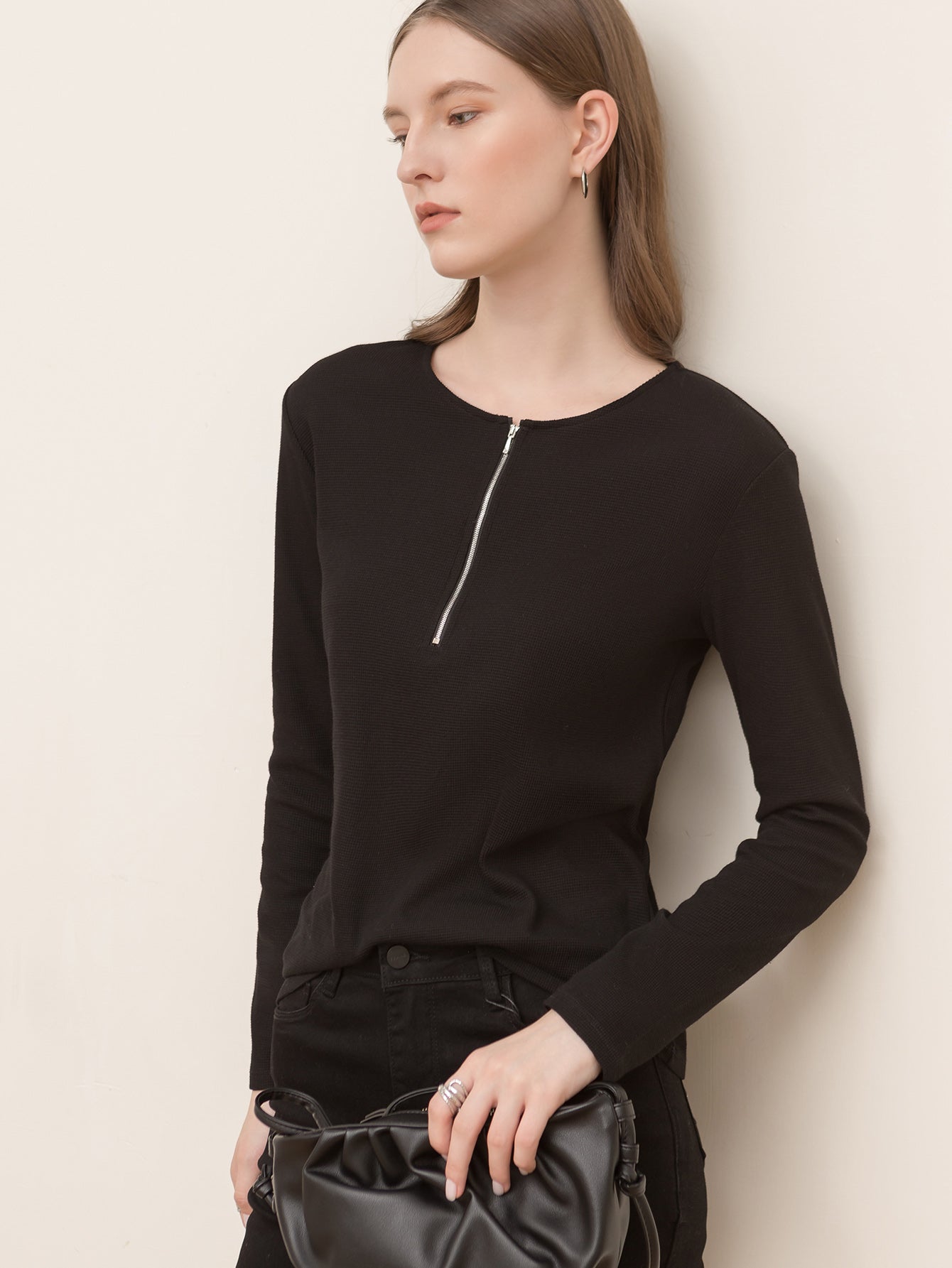 Round neck zipper solid color long-sleeved loose crop top