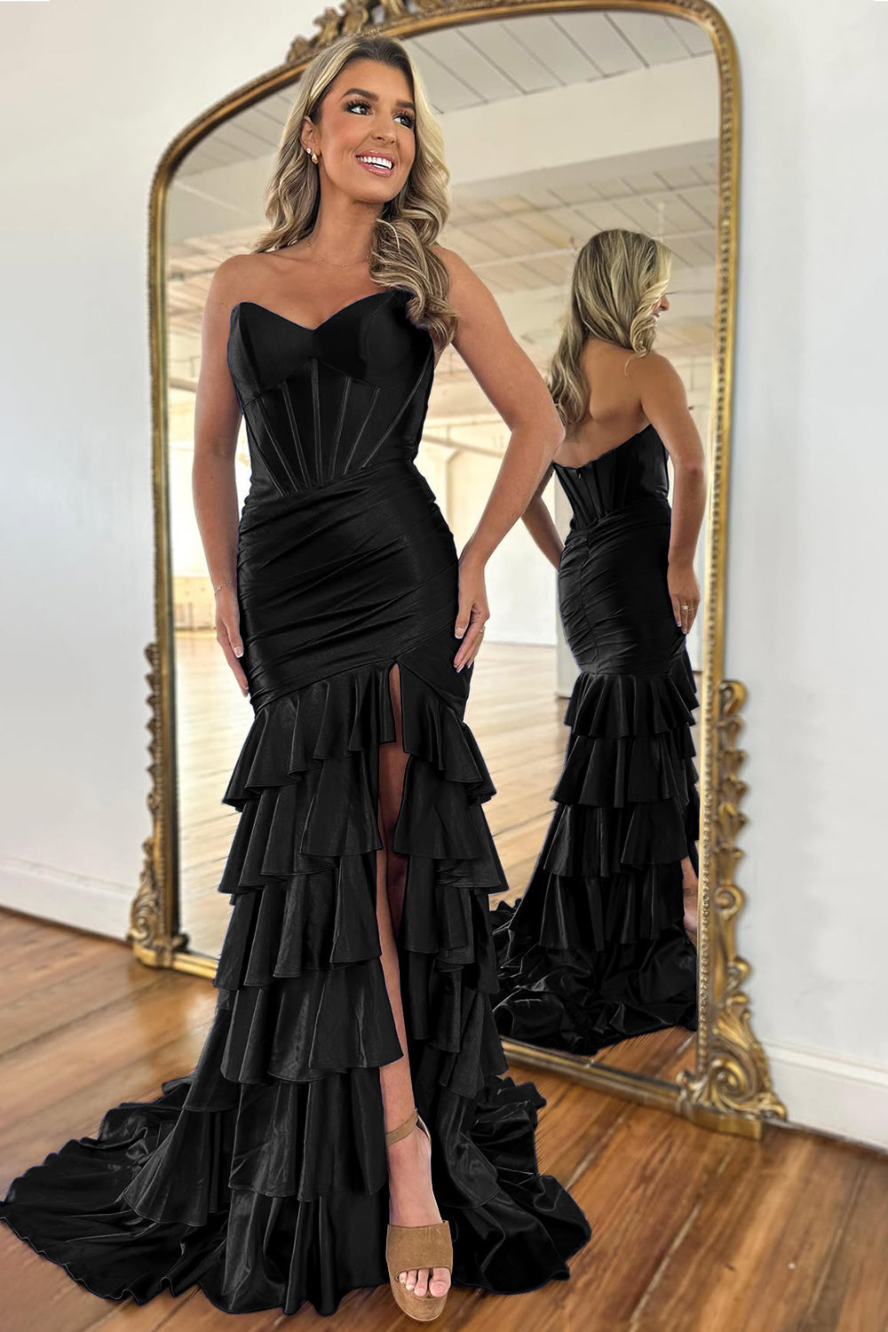 Royal Blue Mermaid Strapless Long Ruffle Satin Prom Dress with Slit
