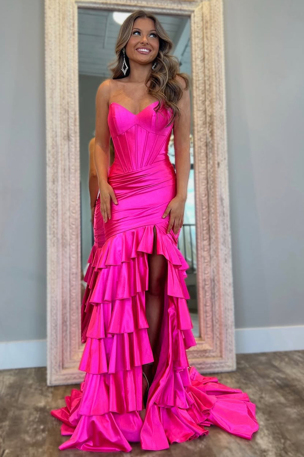 Royal Blue Mermaid Strapless Long Ruffle Satin Prom Dress with Slit