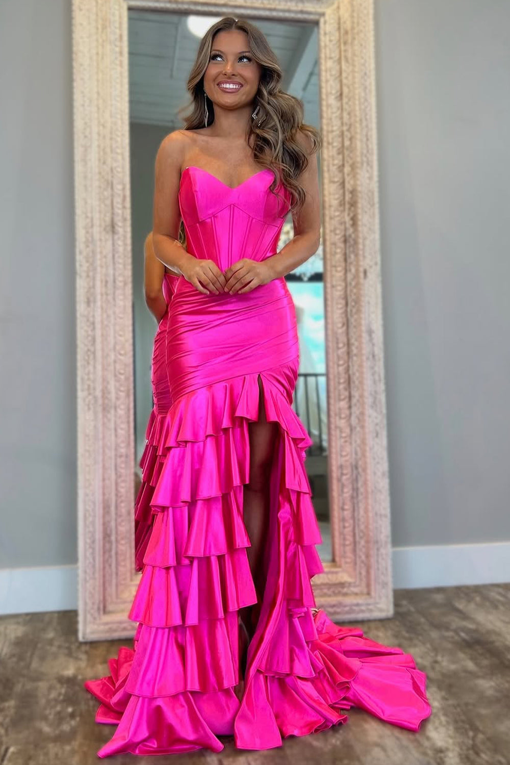 Royal Blue Mermaid Strapless Long Ruffle Satin Prom Dress with Slit