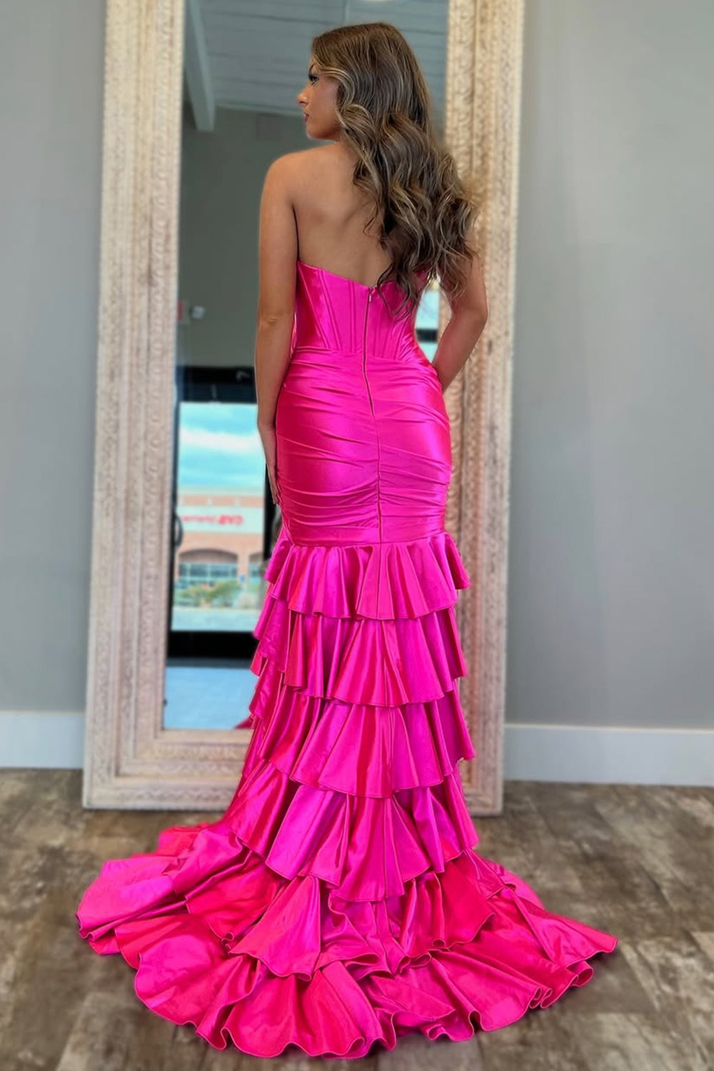 Royal Blue Mermaid Strapless Long Ruffle Satin Prom Dress with Slit