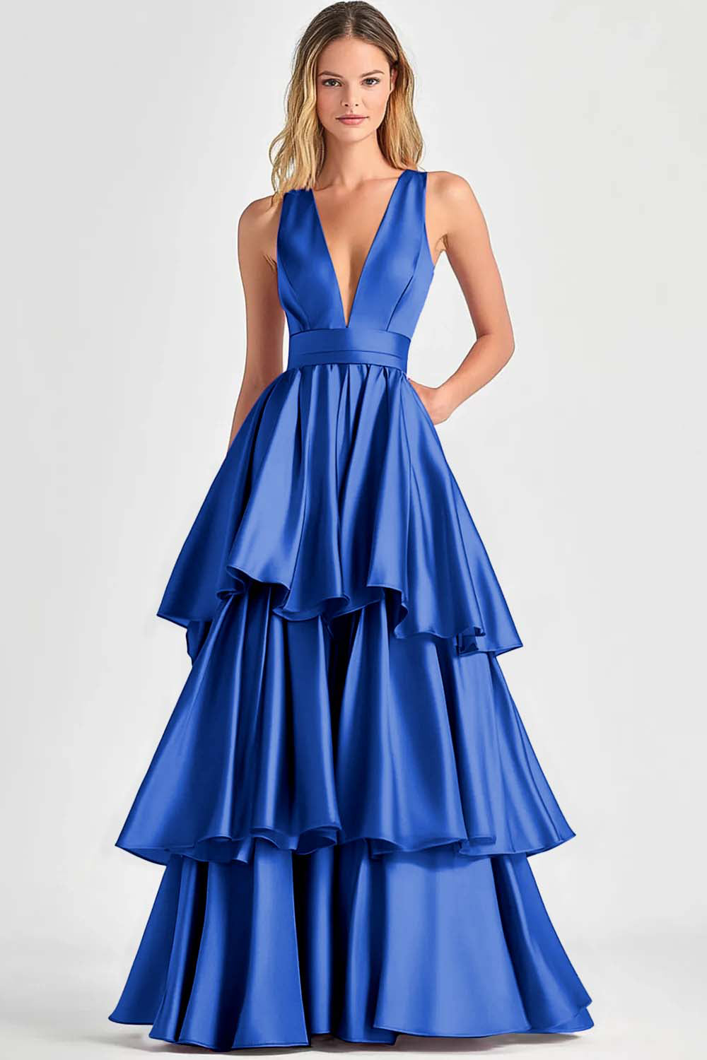 Fuchsia A-Line V Neck Ruffles Long Prom Dress