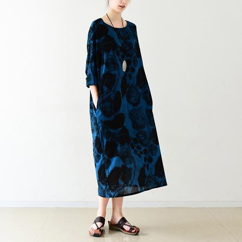 Abstract Marble Print Crew Neck Three Quarter Sleeve Pocket Oversized Midi Dress