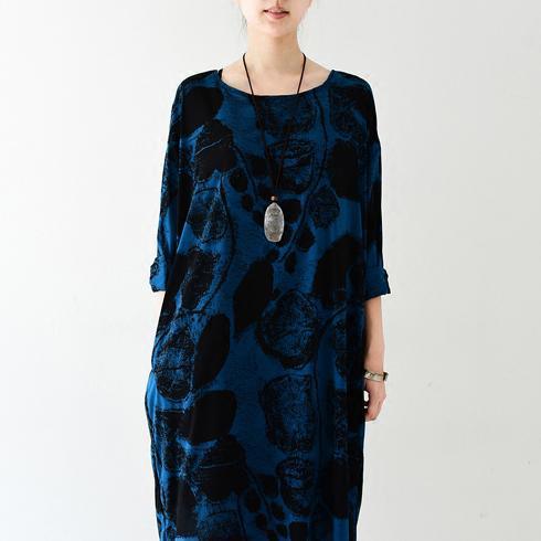 Abstract Marble Print Crew Neck Three Quarter Sleeve Pocket Oversized Midi Dress