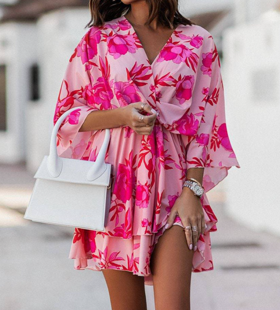 Floral Print V-Neck Kimono Sleeve Twist Front Tiered Mini Dress