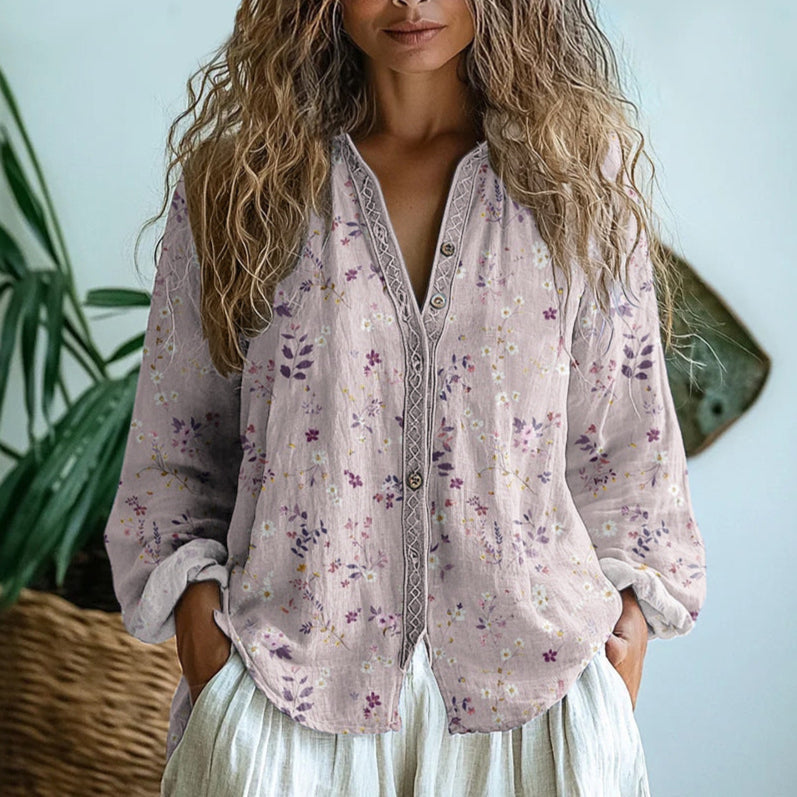 V-Neck Long Sleeve Floral Print Button Front Blouse