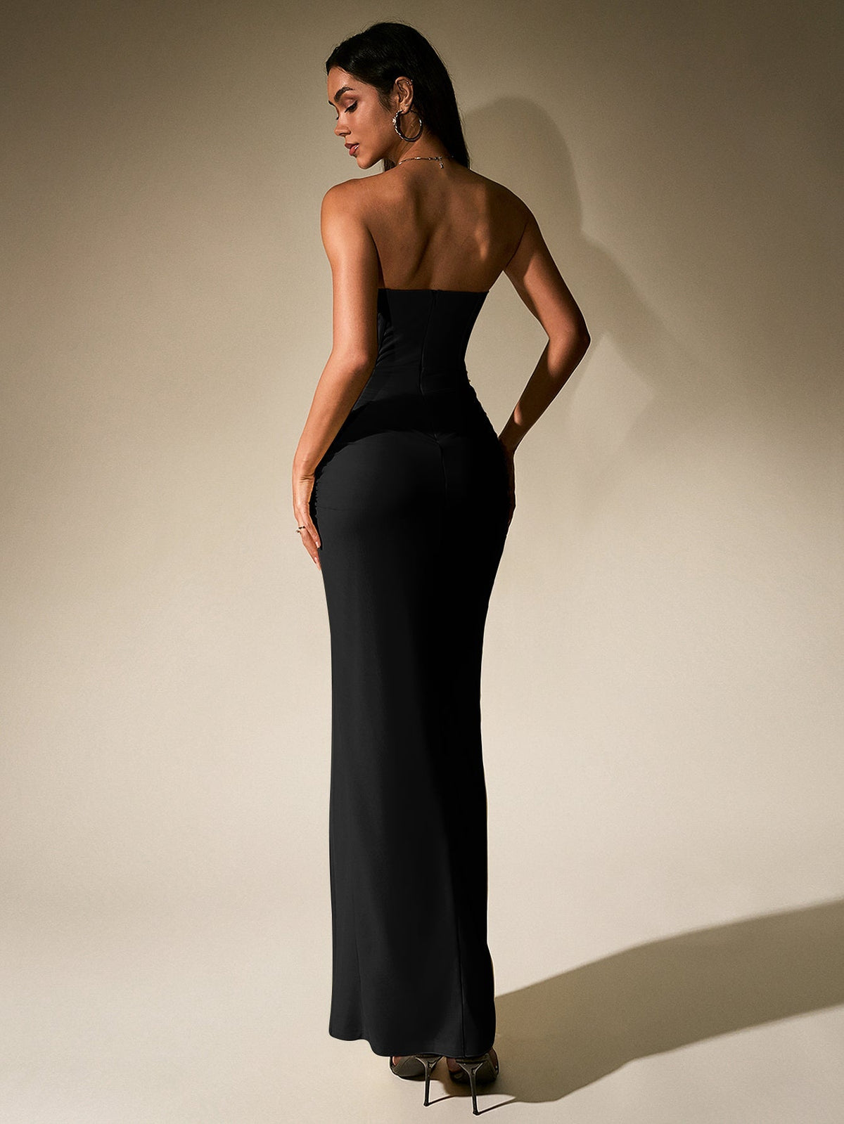 Strapless Corset Bodice Ruched Mesh High Split Maxi Dress 6