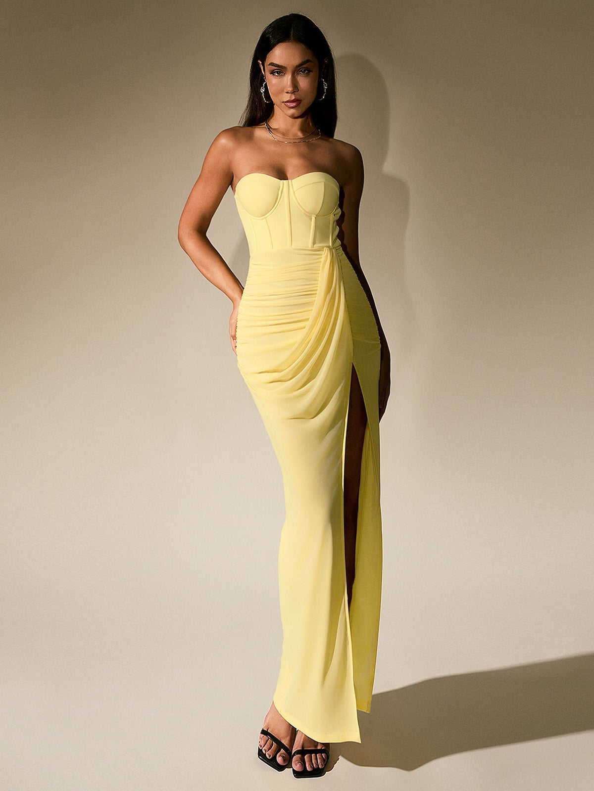 Strapless Corset Bodice Ruched Mesh High Split Maxi Dress 12