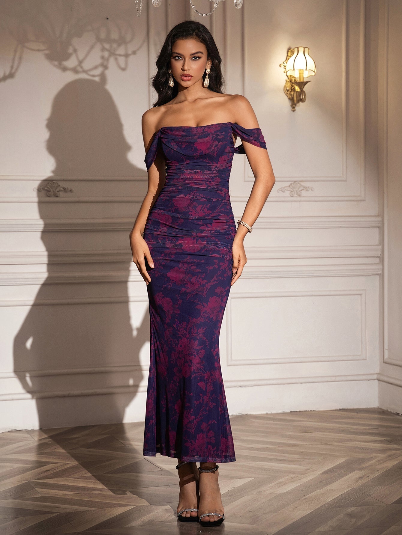 Ruched Off Shoulder Zipper Back Floral Bodycon Dress