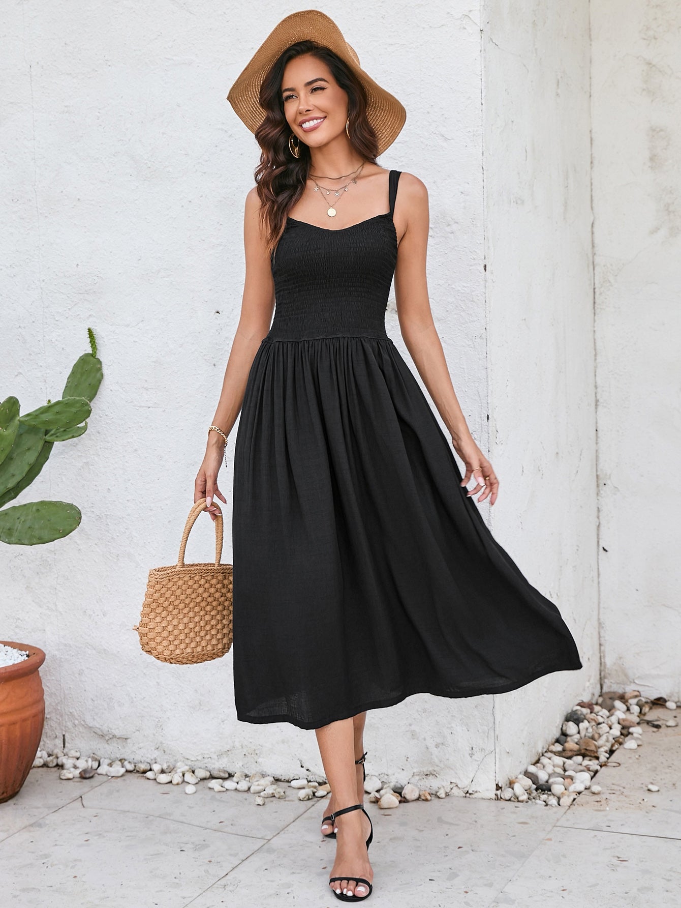 Ruched Smocking Backless Midi Dress