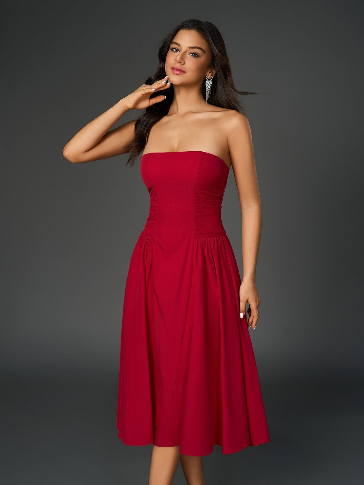Strapless Ruched Drop Waist Fit and Flare Midi Dress 4