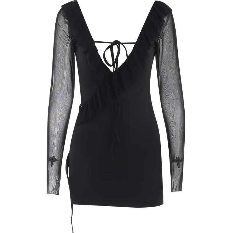 Mesh Long Sleeve Deep V-Neck Ruffle Lace Up Bodycon Mini Dress