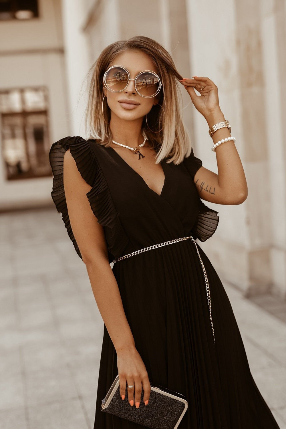 Celia Effortless Black Maxi Dress with Pleats Statement Occasion Edit