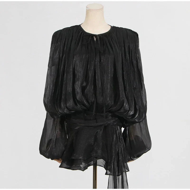 Pleated Chiffon Tie Neck Lantern Sleeve Sash Waist Ruffle Mini Dress 11