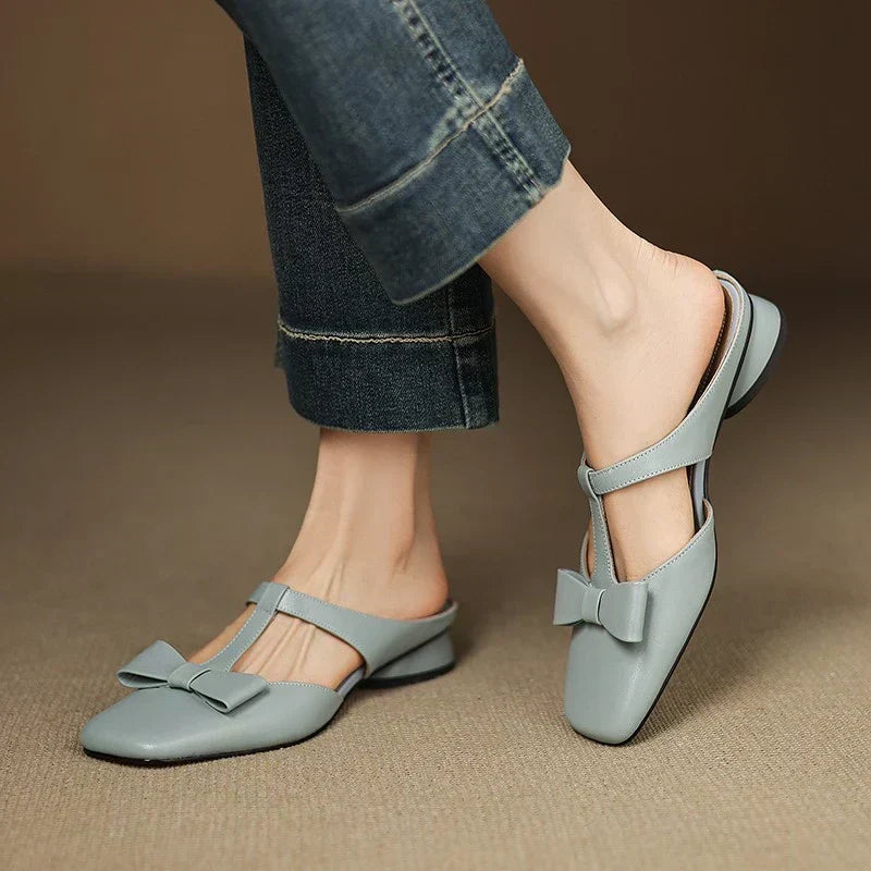 Square Toe Bow T-Strap Flat Mules