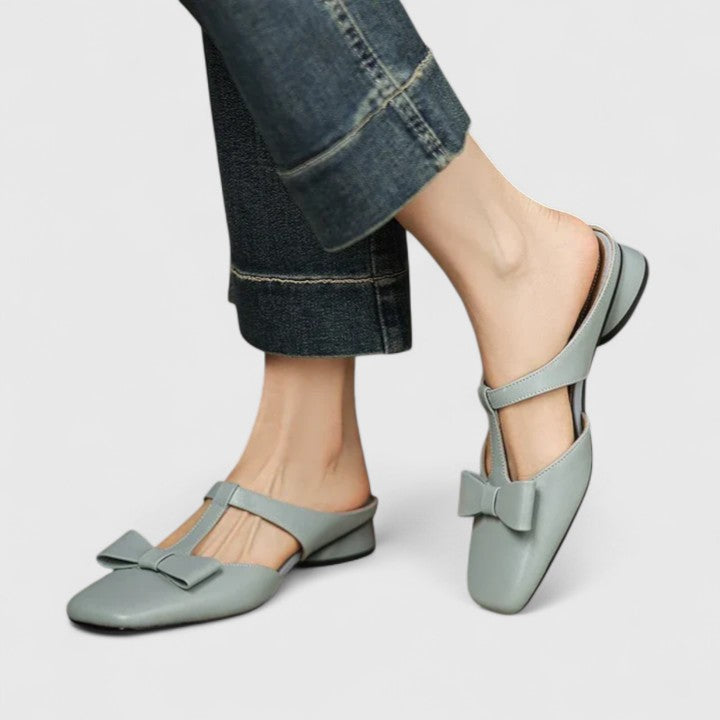 Square Toe Bow T-Strap Low Block Heel Mules