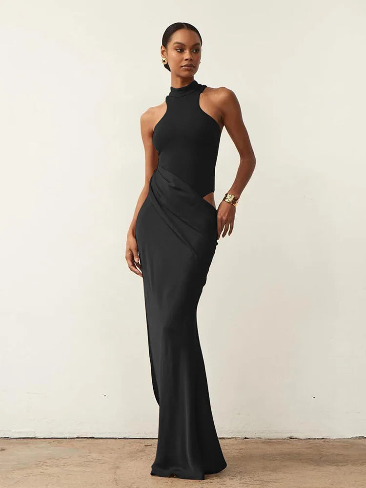 Satin Hollow Out Black Maxi Dress - View 4