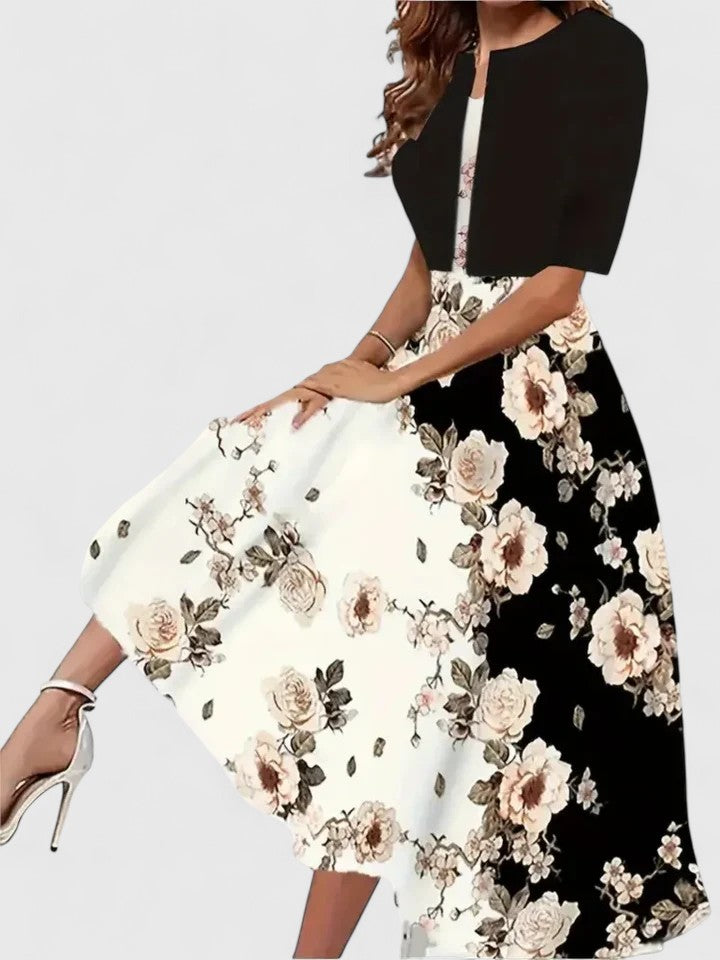 V-Neck Floral Print Fit and Flare Midi Dress