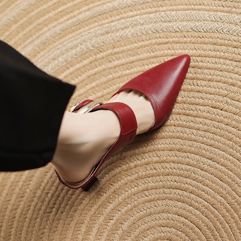 Pointed Toe Floral Buckle Spool Heel Mules