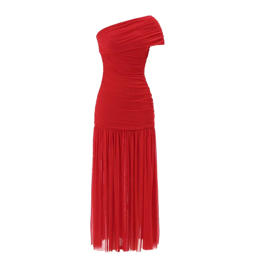 One Shoulder Ruched Mesh Drop Waist Pleated Maxi Dress 4
