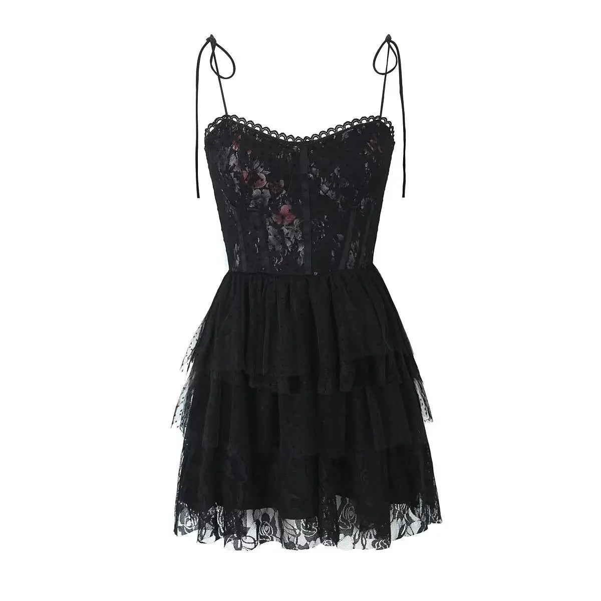 Lace Sweetheart Neck Tie Strap Corset Tiered Ruffle Mini Dress 7