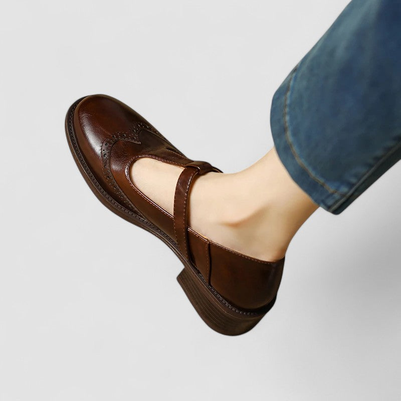 Round Toe T-Strap Buckle Brogue Mary Jane Flats