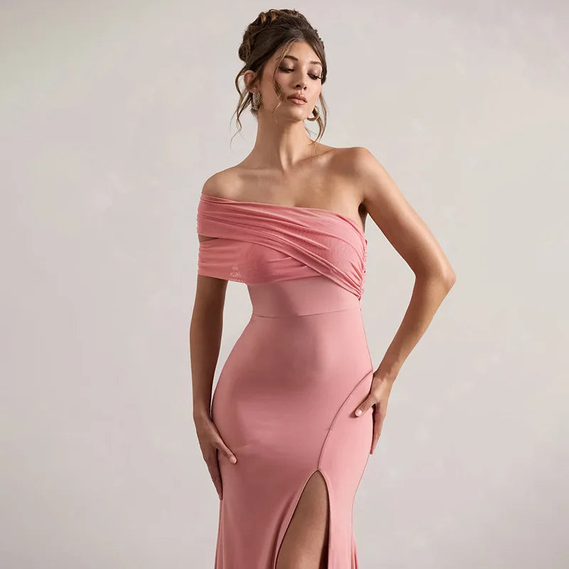 Off Shoulder Ruched Mesh Bodice High Split Mermaid Maxi Dress 5