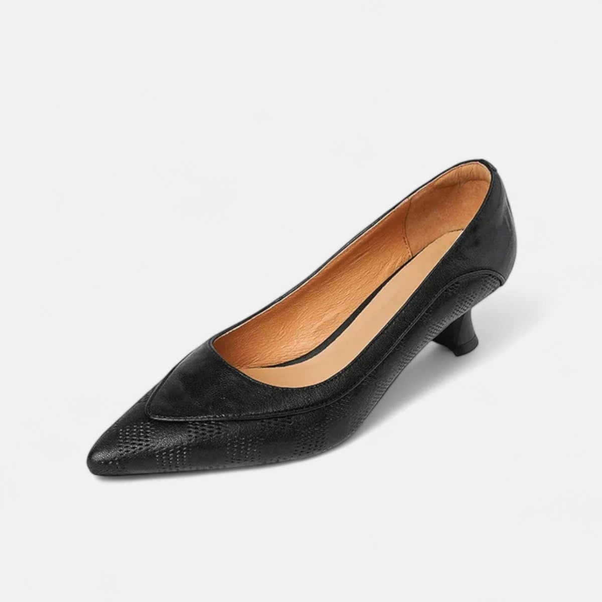 Pointed Toe Snake Embossed Trim Kitten Heel Pumps