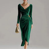 Velvet Cowl Neck Long Sleeve Ruched High Split Midi Dress 3