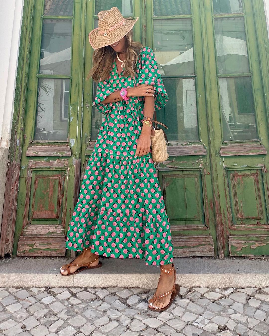 Geometric Print V-Neck Puff Sleeve Tiered High Low Maxi Dress