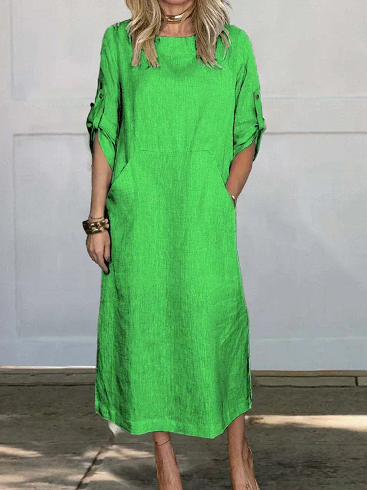 Crew Neck Short Sleeve Rolled Tab Pocket Shift Midi Summer Dress