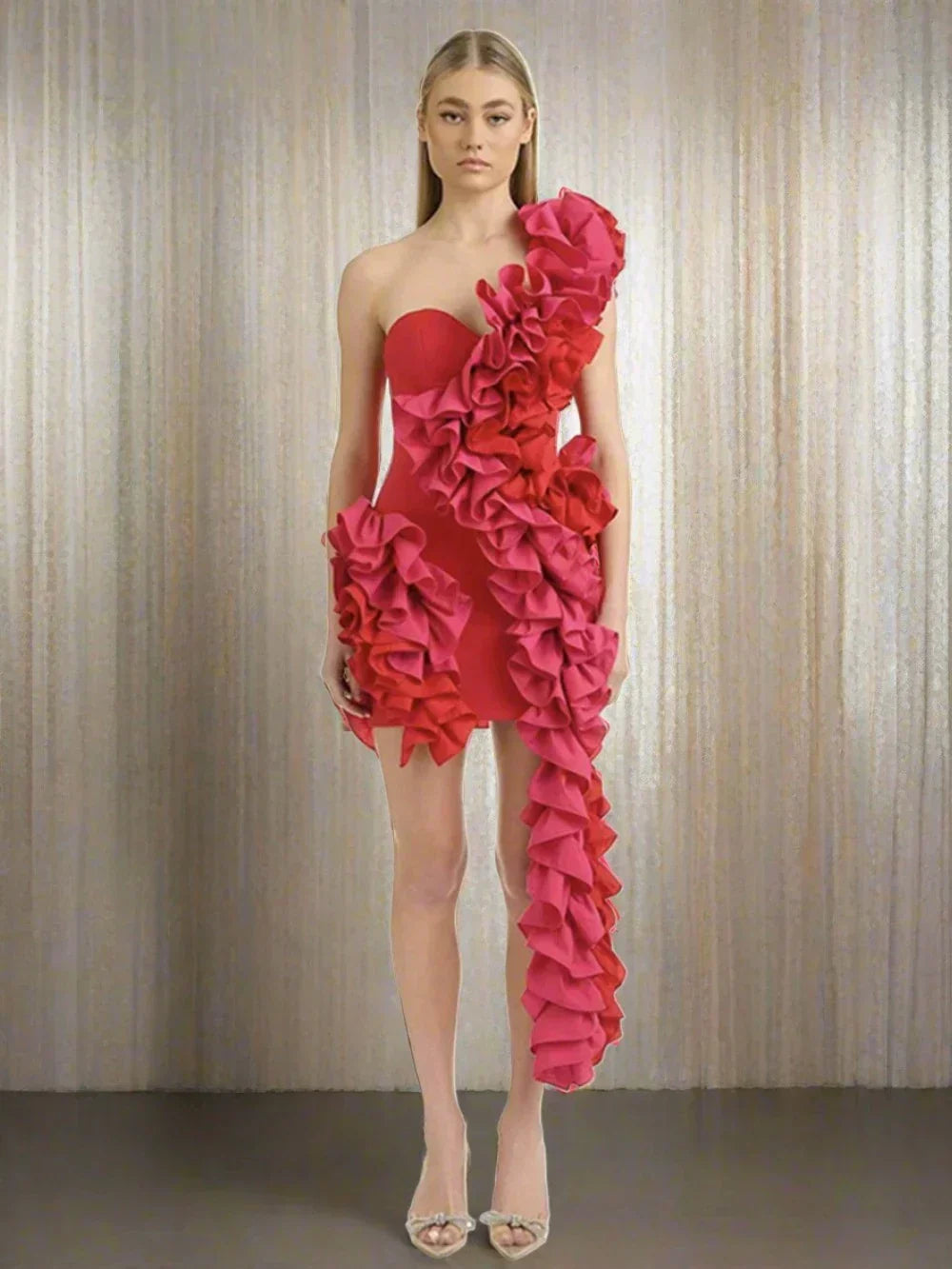 One Shoulder Sweetheart Neck Cascading Ruffle Bodycon Mini Dress