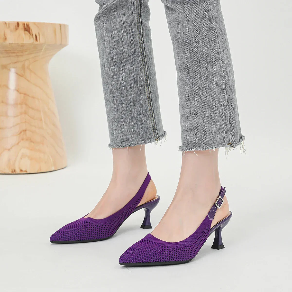 Pointed Toe Slingback Mesh Kitten Heel Pumps