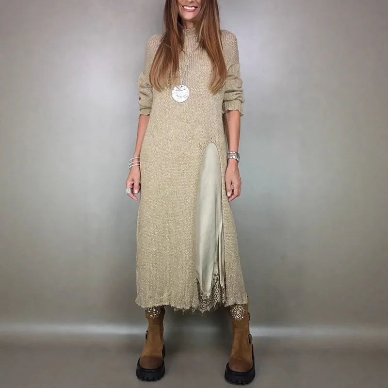 Knit High Neck Long Sleeve High Split Maxi Two Piece Set 6