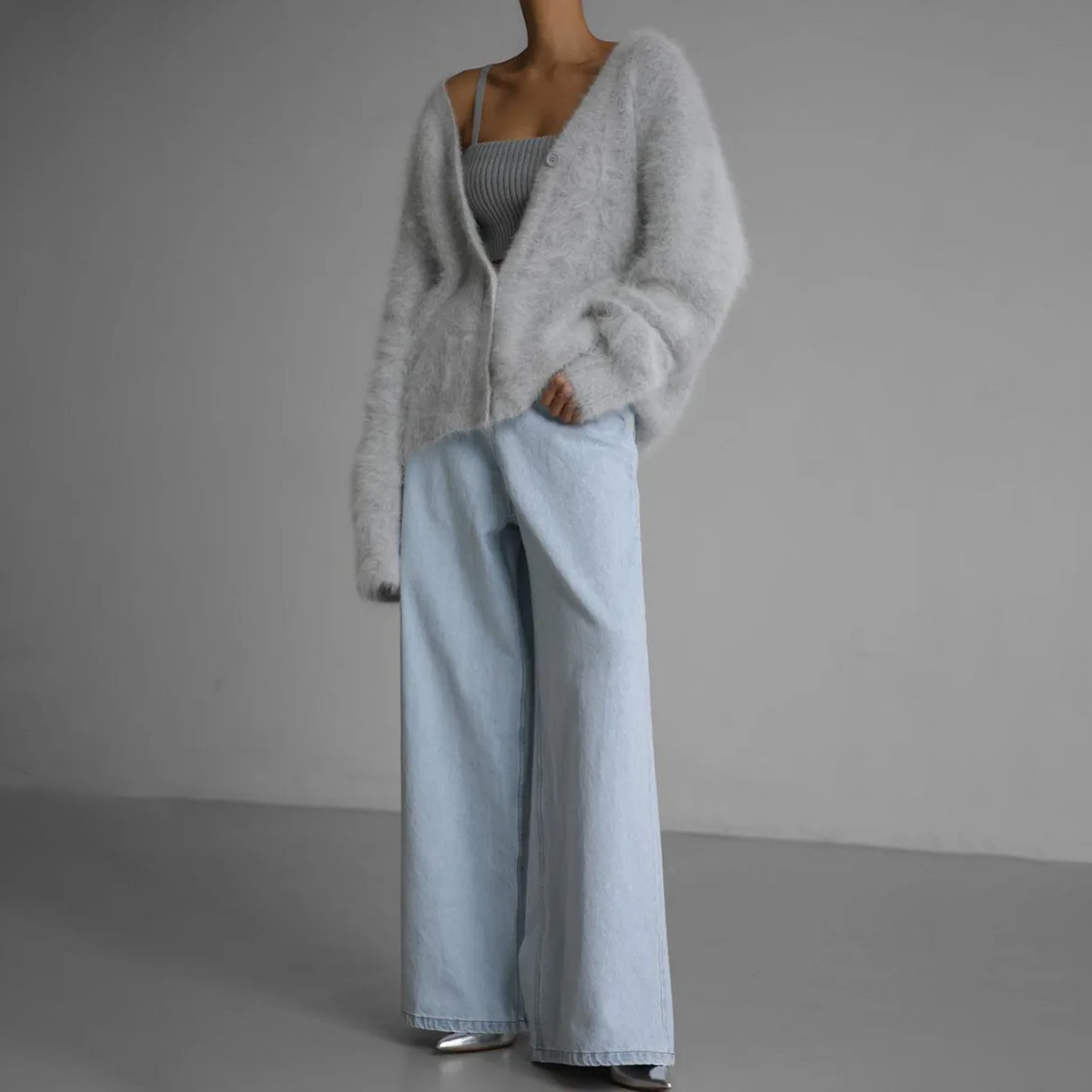 Fuzzy Knit V-Neck Button Front Cardigan