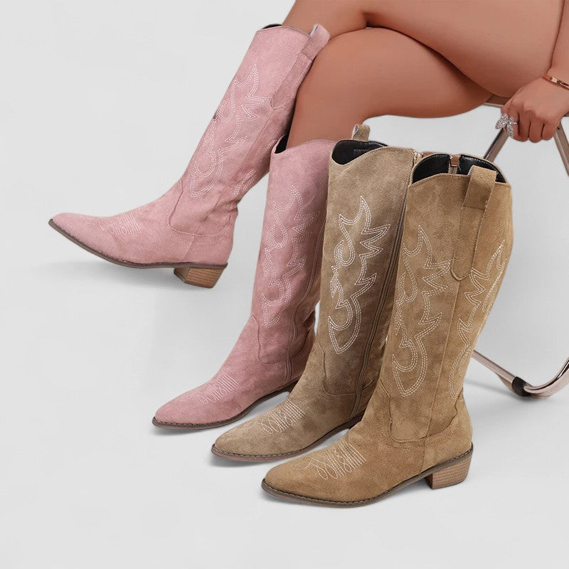 Embroidered Pointed Toe Western Knee High Boots
